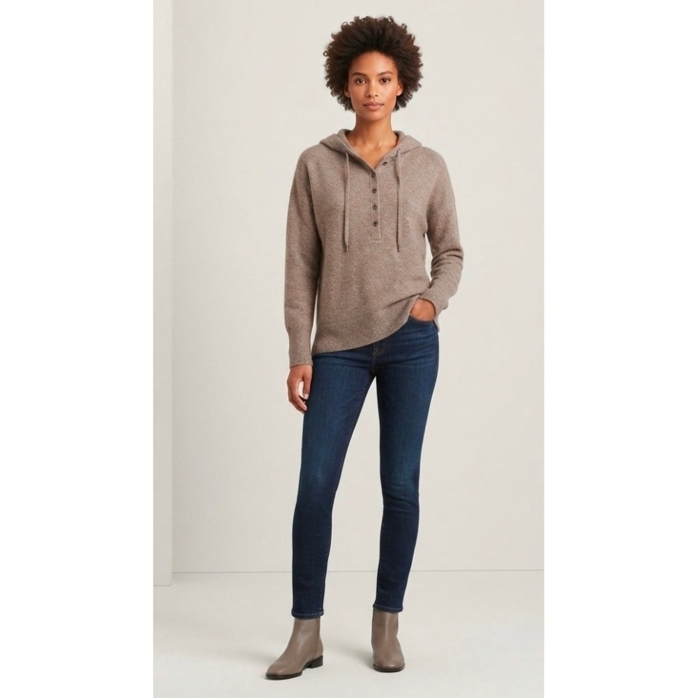 Cynthia Rowley Sweater Womens L Brown Cashmere Hoodie Henley Pullover Luxury